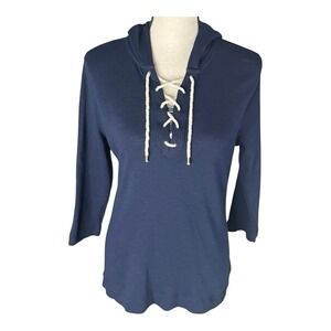 Ralph‎ Lauren LRL Lace Up 3/4 Sleeve Hoodie Size Medium Women's Navy Blue Slub